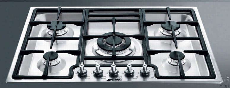 Smeg Classic Design Pgf75u3 28 Inch Gas Cooktop With 5 Sealed Burners Including 2 R Apid Burners, Automatic Electronic Ignition, Safety Valves And 1/8 Inch Ultra Low Profile Base: Stainless Steel Front Controls