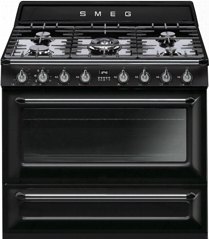 Smeg Victoria Tru90bl 36 Inch Freestanding Dual Fuel Range With 5 Sealed Burners, 4.4 Cu. Ft. True Convection Oven, Halogen Oven Lights, Continuous Cast Iron Grates And Storage Drawer: Black