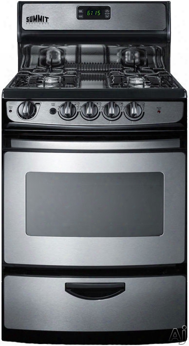 Summit Pro246ss 24 Inch Freestanding Gas Range With Broiler Drawer, Continuous Grates, Clock-timer, 4 Open 9,100 Btu Burners, 3.0 Cu. Ft. Oven, 2 Oven Racks, Viewing Window And Interior Lighting