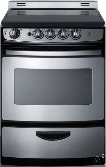 Summit Rex245ssrt 24 Inch Freestanding Electric Range With 4 Ccooktop Elements, 3.0 Cu. Ft. Oven, Upfront Control Knobs, 2 Oven Racks, Viewing Window, Interior Lighting And Storage Drawer: Stainlless Steel