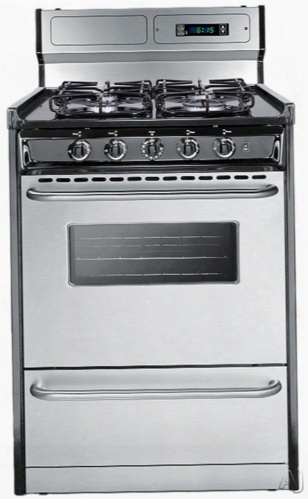 Summit Ttm63027bksw 24 Inch Gas Range With 2.9 Cu. Ft. Capacity, 4 Sealed Burners, High Output Burner, Broiler Compartment, Digital Clock And Timer, Backguard And Towel Bar Handles