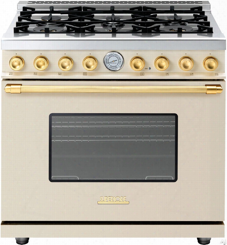 Superiore Deco Series Rd361gccg 36 Inch Freestanding Gas Range With 6 Sealed Burners, 16,000 Btu Oven, 6.7 Cu. Ft. Oven Capacity, 4 Convection Fans, Continuous Grates And Tar K Certification: Cream With Gold Acceents