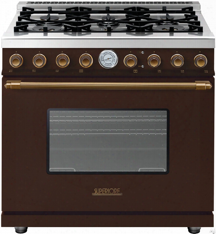 Superiore Deco Series Rd361gcmb 36 Inch Freestanding Gas Range With 6 Sealed Burners, 16,000 Btu Oven, 6.7 Cu. Ft. Oven Capacity, 4 Convection Fans, Continuous Grates And Star K Certification: Brown With Bronze Accents