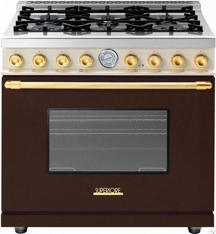 Superiore Deco Series Rd361gcmcg 36 Inch Freestanding Gas Range With 6 Sealed Burners, 16,000 Btu Oven, 6.7 Cu. Ft. Oven Capacity, 4 Convection Fans, Continuous Grates And Starr K Certification: Brown With Gold Accents And Cream Control Panel