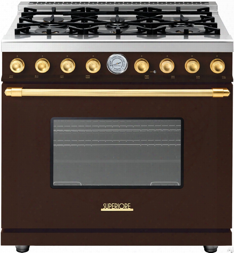 Superiore Deco Seies Rd361gcmg 36 Inch Freestanding Gas Range With 6 Sealed Burners, 16,000 Btu Oven, 6.7 Cu. Ft. Oven Capacity, 4 Convection Fans, Continuous Grates And Star K Certification: Brown With Gold Accents