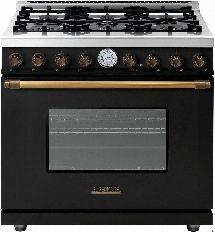 Superiore Deco Series Rd361gcnb 36 Inch Freestanding Gas Range With 6 Sealed Burners, 16,000 Btu Oven, 6.7 Cu. Ft. Oven Capacity, 4 Convectoin Fans, Continuous Grates And Star K Certification: Black With Bronze Accents