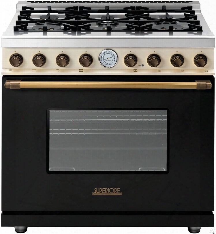 Superiore Deco Series Rd361gcncb 36 Inch Freestanding Gas Range With 6 Sealed Burners, 16,000 Btu Oven, 6.7 Cu. Ft. Oven Capacity, 4 Convection Fans, Continuous Grates And Star K Certification: Black With Bronze Accents And Cream Control Panel