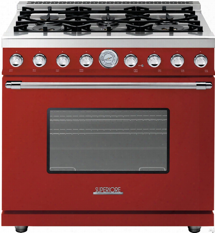 Superiore Deco Series Rd361gcrc 36 Inch Freestanding Gas Range With 6 Sealed Burners, 16,000 Btu Oven, 6.7 Cu. Ft. Oven Capacity, 4 Convection Fans, Continuous Grates And Star K Certification: Red With Chrome Accents