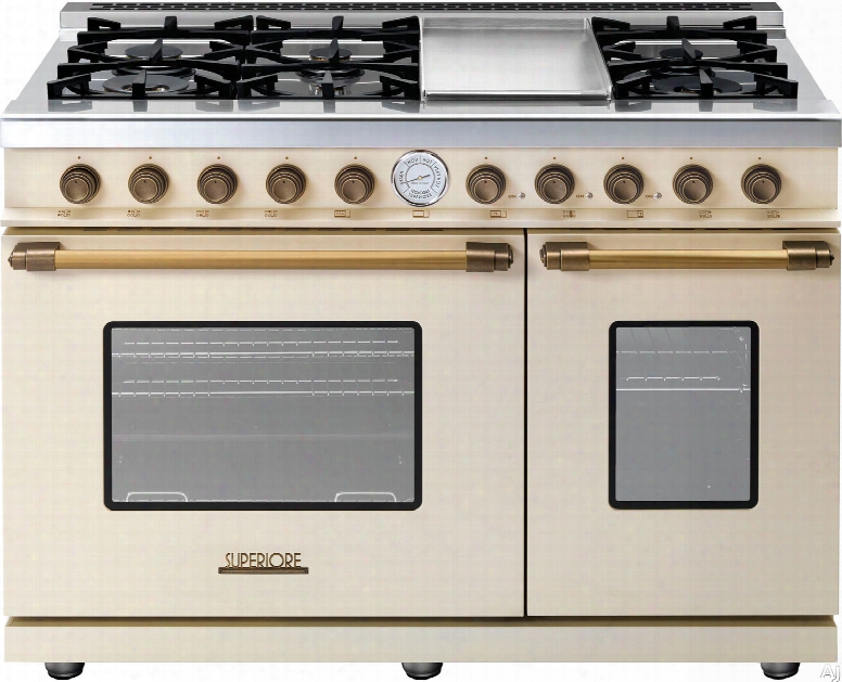 Superiore Deco Series Rd482gccb 48 Inch Freestanding Gas Range With 6 Sealed Burners, Electric Griddle, 5.7 Cu. Ft. Primary Oven Capacity, 3.0 Cu. Ft. Secondary Oven Capacity, Convection And Star-k Certification: Cream With Bronze Accents