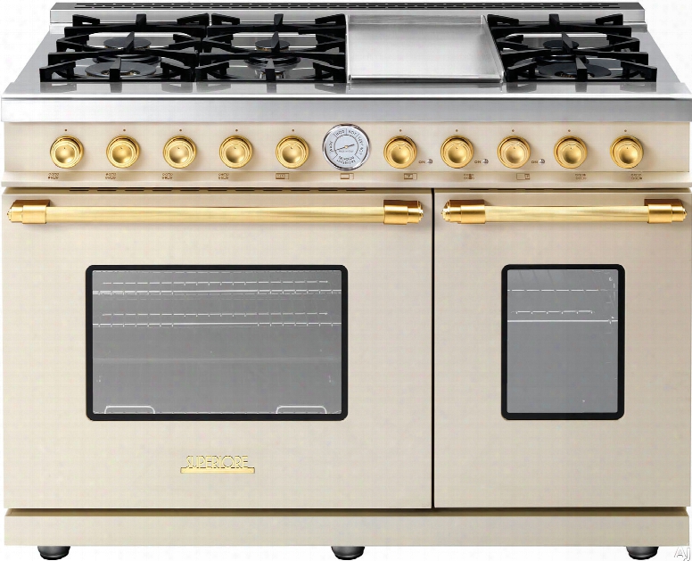 Superiore Deco Series Rd482gccg 48 Inch Freestanding Gas Range With 6 Sealed Burners, Electric Griddle, 5.7 Cu. Ft. Primary Oven Capacity, 3.0 Cu. Ft. Secondary Oven Capacity, Convection And Star-k Certification: Cream With Gold Accents