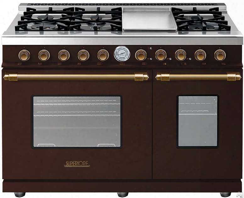 Superiore Deco Series Rd482gcmb 48 Inch Freestanding Gas Range With 6 Sealed Burners, Electric Griddle, 5.7 Cu. Ft. Primary Oven Capacity, 3.0 Cu. Ft. Secondary Oven Capacity, Convection And Star-k Certification: Brown With Bronze Accents