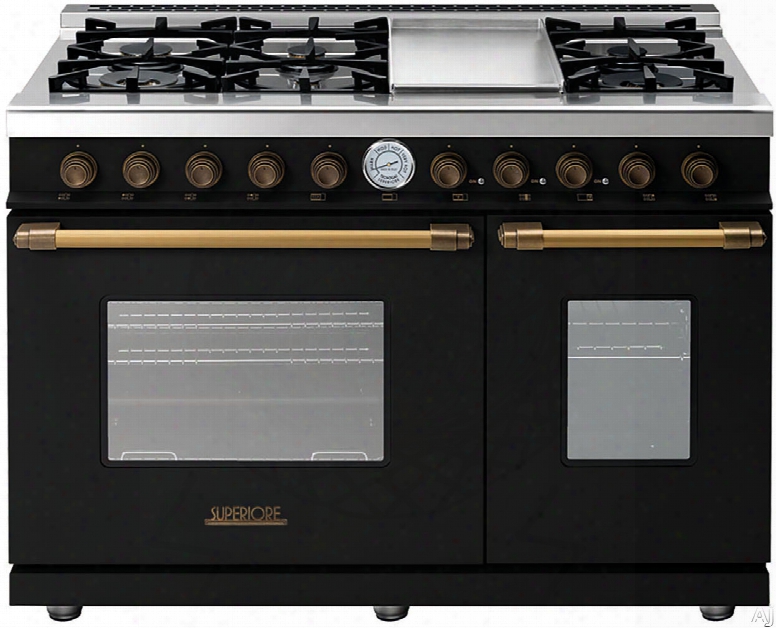 Superiore Deco Series Rd482gcnb 48 Inch Freestanding Gas Range With 6 Sealed Burners, Electric Griddle, 5.7 Cu. Ft. Primary Oven Capacity, 3.0 Cu. Ft. Secondary Oven Capacity, Convection And Star-k Certification: Black With Bronze Accents