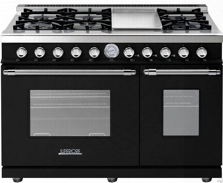 Superiore Deco Series Rd482gcnc 48 Inch Freestanding Gas Range With 6 Sealed Burners, Electric Griddle, 5.7 Cu. Ft. Primary Oven Capacity, 3.0 Cu. Ft. Secondary Oven Capacity, Convection And Star-k Certification: Black With Chrome Aaccents