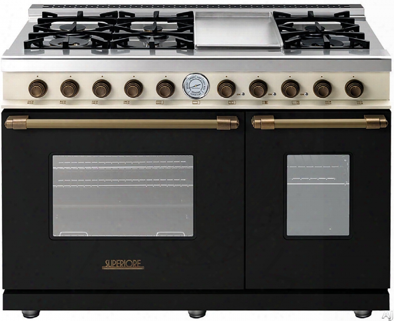 Superiore Deco Series Rd482gcncb 48 Inch Freestanding Gas Range With 6 Sealed Burners, Electric Griddle, 5.7 Cu. Ft. Primary Oven Capacity, 3.0 Cu. Ft. Secondary Oven Capacity, Convection And Star-k Certification: Black With Bronze Accents And Cream Contr