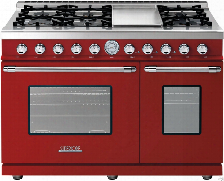 Superiore Deco Series Rd482gcrc 48 Inch Freestanding Gas Range With 6 Sealed Burners, Electric Griddle, 5.7 Cu. Ft. Primary Oven Capacity, 3.0 Cu. Ft. Secondary Oven Capacity, Convection And Star-k Certification: Red With Chrome Accents