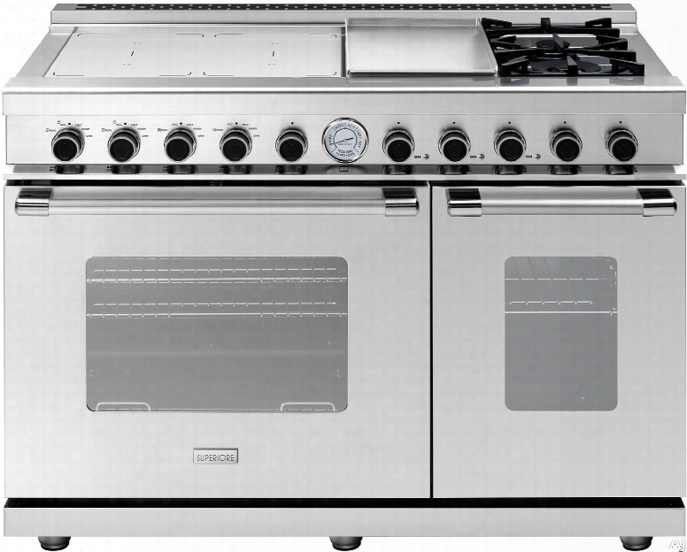 Superiore Next Classic Series Rn483gcss 48 Inch Freestanding Dual Fuel Range Iwth 4 Induction Zones, 2 Sealed Gas Burners, Integrated Griddle, 4.1 Cu. Ft. Primary Oven Capacity, 2.0 Cu. Ft. Secondary Oven Capacity, Convection, Turbo Boost And Star-k Creti