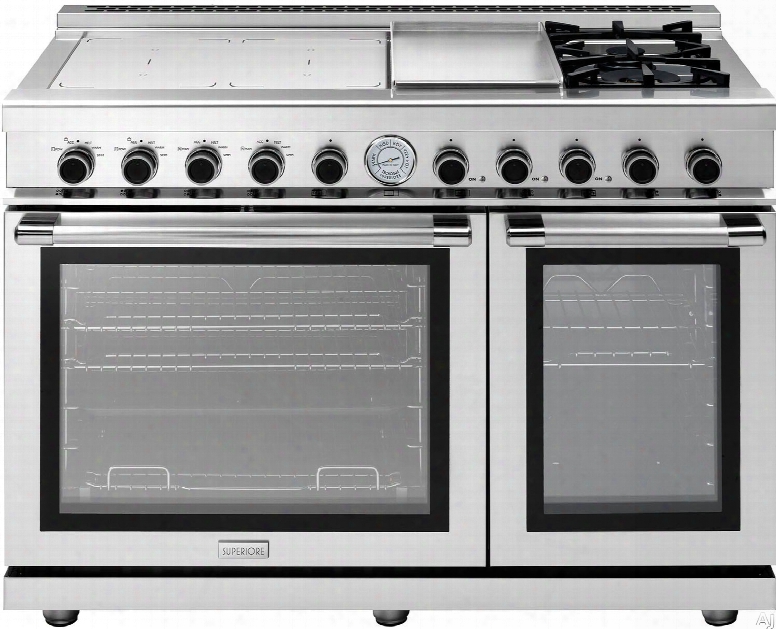 Superiore Next Panoramic Series Rn483gpss 48 Inch Freestanding Dual Fuel Range With 4 Induction Zones, 2 Sealed Gas Burners, Integrated Griddle, 4.1 Cu. Ft. Primary Oven Capacity, 2.0 Cu. Ft. Secondary Oven Capacity, Convection, Turbo Boost And Star-k Cer