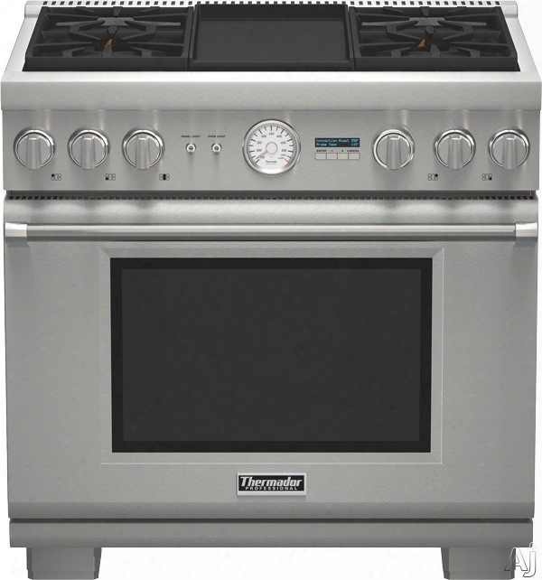 Thermador Pro Grand Professioal Series Prd364jdgu 36 Inch Pro-style Dual-fuel Range With 4 Sealed Star Burners, 5.7 Cu. Ft. True Convection Oven, Electric Griddle, 22,000 Btu Power Burner, Extralow Simmer Burners, Telescopic Racks, Self-cleaning Mode And