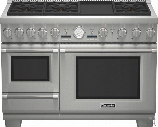 Thermador Pro Grand Steam Professional Series Prd48jdsgu 48 Inch Pro-style Dual-fuel Range With 6 Sealed Star Burners, 5.1 Convection Oven, 1.4 Steam Oven, Griddle, 22,000 Btu Power Burner, Extralow Simmer Burners, Telescopic Rac Ks, Warming Drawer And Sel