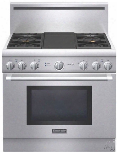 Thermador Pro Harmony Professional Series Pr364gdh 36 Inch Pro-style Gas Range With 4 Sealed Star Burners, 5.0 Cu. Ft. Convection Oven, Electric Griddle, Extralow Simmer Burners, Tepescopic Racks And Manual Clean