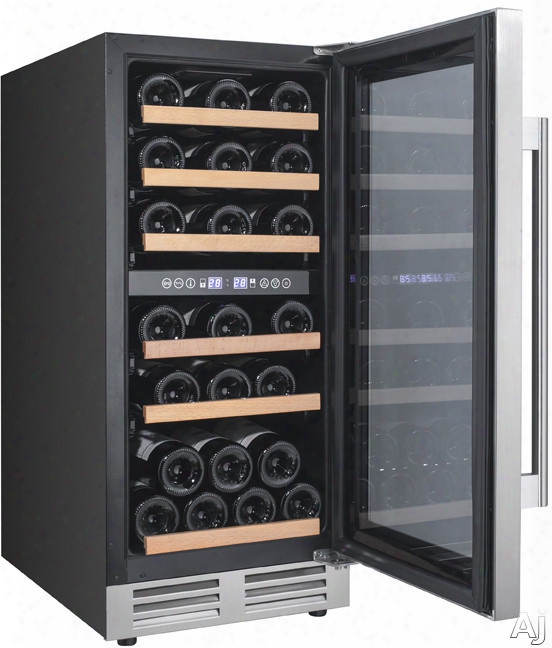 Avanti Wcf282e3sd 15 Inch Designer Series Wine Chiller With 28 Bottle Capacity, Dual Zone Roll-out Shelves, Touch Electronic Control And Display And Led Light Control