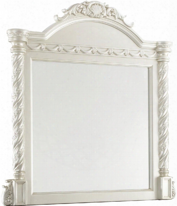 Cassimore Collection B750-36 50" X 52" Bedroom Mirror With Decorative Arched Crown Carved Ornaments And Pilasters Beveled Glass And Molding Deta Ils In Pearl