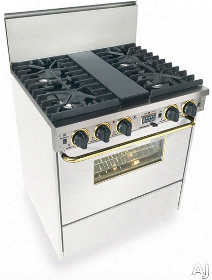Fivestar Wpn287sw 30 Inch Pro-style Dual-fuel Lp Gas Range With 4 Sealed Ultra High-low Burners, 3.69 Cu. Ft. Convection Oven And Self-cleaning: White With Brass Package