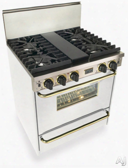 Fivestar Wtn28171sw 30 Inch Pro-style Natural Gas Range With 4 Saled Ultra Igh-low Burners, 3.69 Cu. Ft. Capacity, Turboflow Convection, Continuous Grates, Manual Clean And Broiler Drawer: White With Brass Package