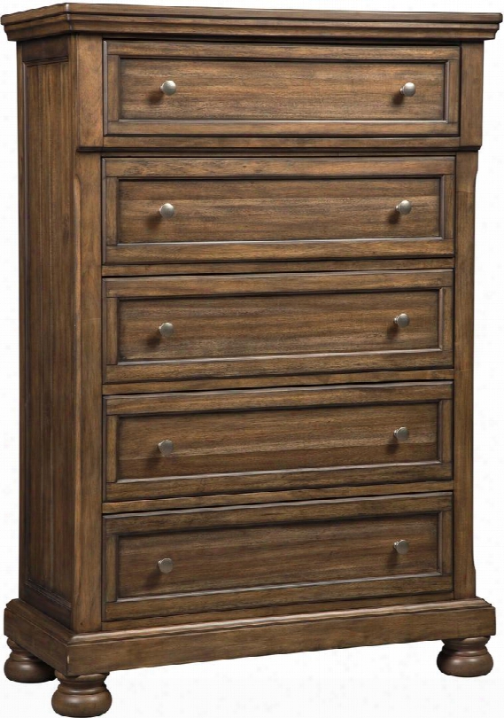 Flynnter Collection B719-46 40" Chest With 5 Drawers Felt-lined Top Drawer Brass-tone Knobs Molding Particulars English Dovetailed Drawer Boxes And Short Bun