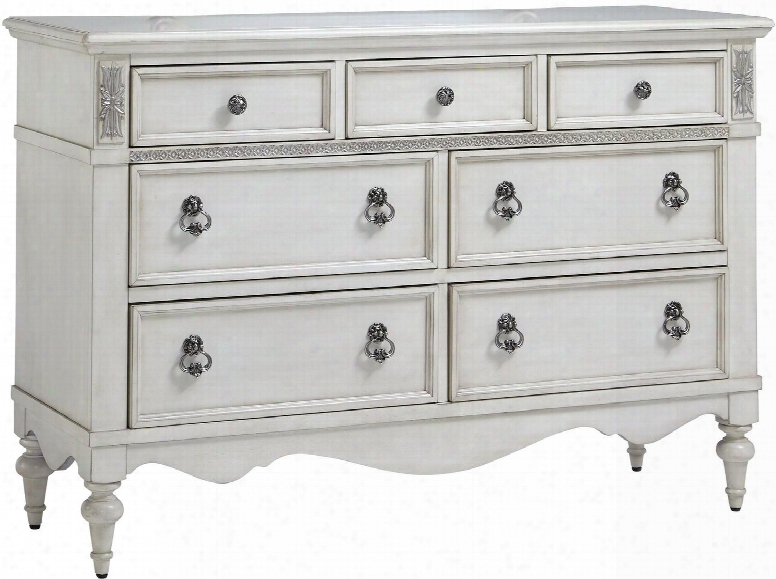 Giselle Collection 81059 54" Dresser With 7 Drawers Decorative Metal Knobs And Pulls Beveled Drawer Fronts Molding Details Lace Filigree Accents And French