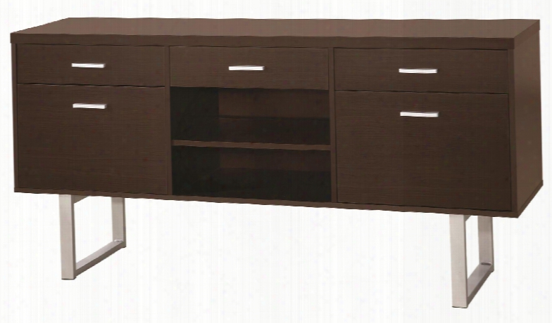 Glavan Collection 801522 60" Credenza With 5 Drawers 2 Shelves Silver Bar Handle Hardware Metal Sled Legs And Wood Construction In Cappuccino