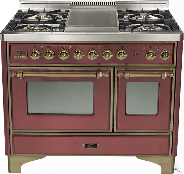 Ilve Majestic Collection Umd100sdmprby 40 Inch Freestanding Dual-fuel Range With 4 Sealed Burners, 3.8 Cu. Ft. Capacity, French Cooktop, Dual Convection Ovens, 15,500 Btu Triple-ring Burner And Rotisserie: Burgundy, Oil Rubbed Bronze Trim