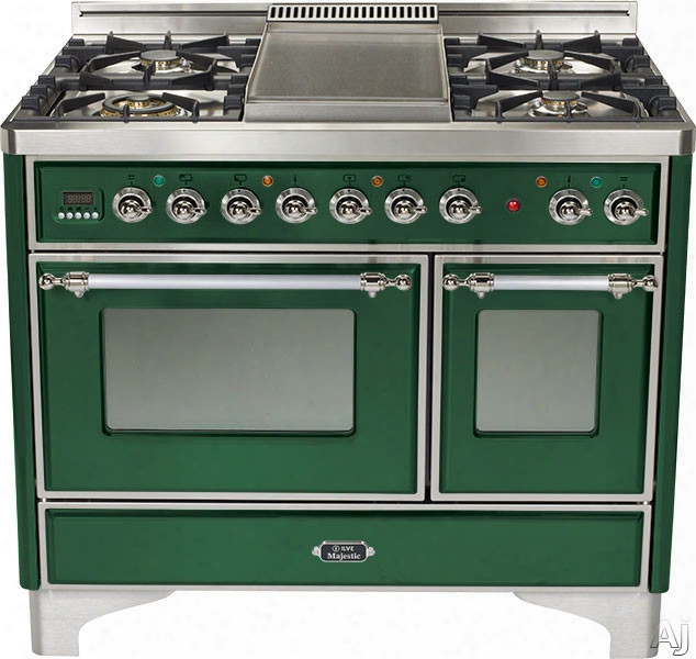 Ilve Majestic Collection Umd100sdmpvsx 4 0 Inch Freestanding Dual-fuel Range With 4 Sealed Burners, 3.8 Cu. Ft. Capacity, French Cooktop, Dual Convection Ovens, 15,500 Btu Triple-ring Burner And Rotisserie: Emerald Green, Chrome Trim