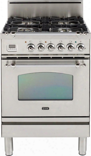 Ilve Nostalgie Collection Upn60dvgg 24 Inch Freestanding Gas Range With 4 Semi-sealed Burners, European Convection, Heat-insulated Door, Multi-gas Burners, Flame Failure Safety Device, Warming Drawer And Brass  Trim