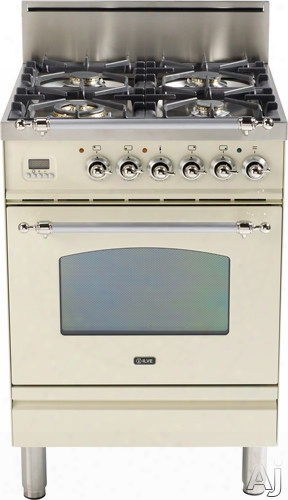 Ilve Nostalgie Collection Upn60dvgga 24 Inch Freestanding Gas Range With 4 Semi-sealed Burners, European Convection, Heat-insulated Door, Multi-gas Burners, Flame Failure Safety Devkce, Warming Drawer And Brass Trim: Antique White