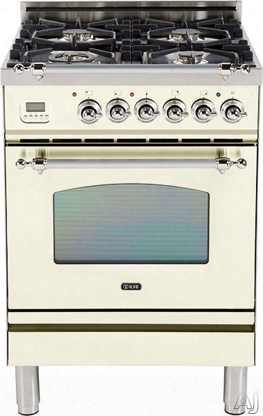 Ilve Nostalgie Collection Upn60dvggax 24 Inch Freestanding Gas Range With 4 Semi-sealed Burners, European Convection, Heat-insulated Door, Multi-gas Burners, Flame Failure Safety Device, Wwarming Drawer And Chrome Trim: Antique White