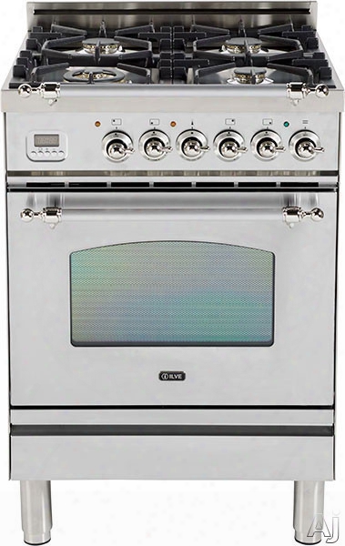 Ilve Nostalgie Collection Upn60dvggix 24 Inch Freestanding Gas Range With 4 Semi-sealed Burners, European Convection, Heat-insulated Door, Multi-gas Burners, Flame Failure Safety Device, Warming Drawer And Chrome Trim: Stainless Steel