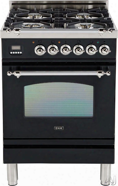 Ilve Nostalgie Collection Upn60dvggnx 24 Inch Freestanding Gas Range With 4 Semi-sealed Burners, European Convection, Heaat-insulated Door, Multi-gas Burners, Flame Failure Safety Device, Warming Drawer And Chrome Trim: Gloss Black