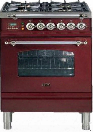 Ilve Nostalgie Collection Upn60dvggrb 24 Inch Freestanding Gas Range With 4 Semi-sealed Burners, European Convection, Heat-insulated Door, Multi-gas Burners, Flame Failure Safety Device, Warming Drawer And Brass Trim: Burgundy