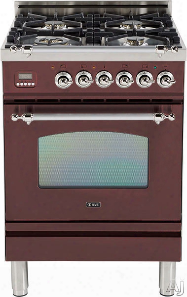 Ilve Nostalgie Collection Upn60dvggrbx 24 Inch Freestanding Gas Range With 4 Semi-sealed Burners, European Convection, Heat-insulated Door, Multi-gas Burners, Flame Failure Safety Device, Warming Drawer And Chrome Trim: Burgundy