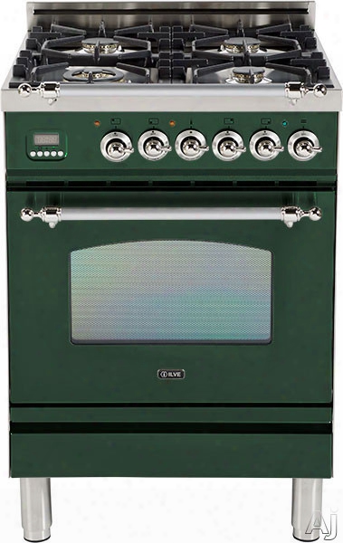 Ilve Nostalgie Collection Upn60dvggvsx 24 Inch Freestanding Gas Range With 4 Semi-sealed Burners, European Convection, Heat-insulated Door, Mult I-gas Burners, Flame Failure Safety Device, Warming Drawer And Chrome Trim: Emerald Green