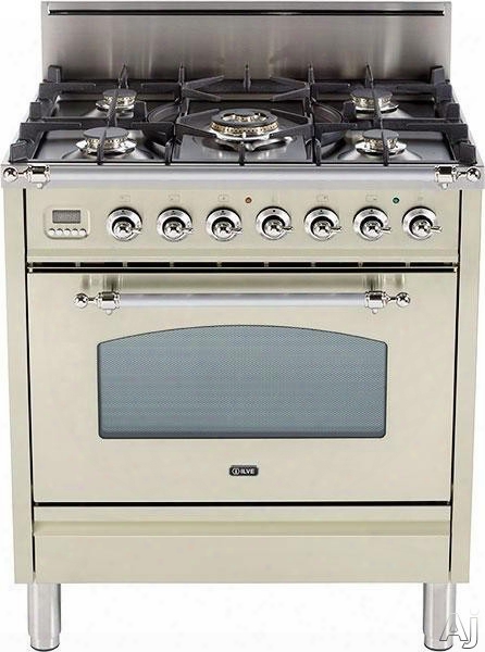 Ilve Nostalgie Collection Upn76dvgga 30 Inch Professional-style Gas Range With 5 Semi-sealed Burners, European Convection, Rotisserie, Flame Failure Safety Device, Heat Insulated Door And Full Breadth Warming Drawer: Antique White, Brass Trim