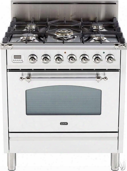 Ilve Nostalgie Collection Upn76dvggb 30 Inch Professional-style Gas Lie With 5 Semi-sealed Burners, European Convection, Rotisserie, Flame Failure Safety Device, Heat Insulated Door And Full Width Warming Drawer: True White, Brass Trim