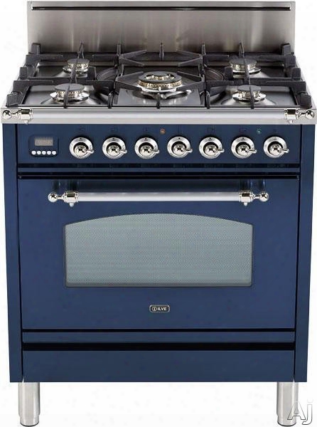 Ilve Nostalgie Collection Upn76dvggblx 30 Inch Professional-style Gas Range With 5 Semi-sealed Burners, European Convection, Rotisserie, Flame Failure Safety Device, Heat Insulated Door And Full Width Warming Drawer: Midnight Blue, Chrome Trim