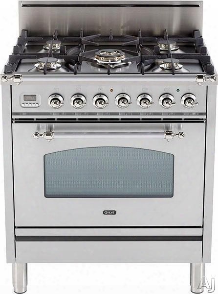 Ilve Nostalgie Collection Upn76dvggix 30 Inch Professional-style Gas Range With 5 Semi-sealed Burners, European Convection, Rotisserie, Flame Failure Safety Device, Heat Insulated Door And Full Width Warming Drawer: Stainless Steel, Chrome Trim