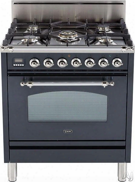 Ilve Nostalgie Collection Upn76dvggm 30 Inch Professional-style Gas Range With 5 Semi-sealed Burners, European Convection, Rotisserie, Flame Falure Safety Device, Heat Insulated Door And Full Width Warming Drawer: Matte Graphite, Brass Trim