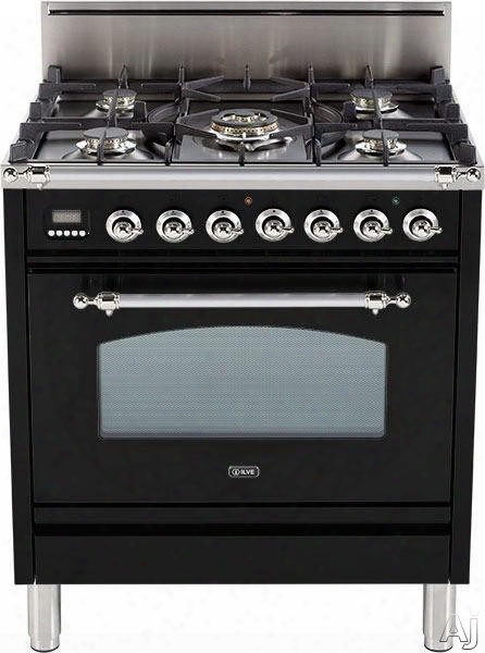 Ilve Nostalgie Collection Upn76dvggn 30 Inch Professional-style Gas Range With 5 Semi-sealed Burners, European Convection, Rotisserie, Flame Failure Safety Device, Heat Insulated Door And Full Width Warming Drawer: Gloss Black, Brass Trim