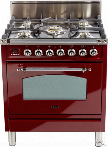 Ilve Nostalgie Collection Upn76dvggrb 30 Inch Professional-style Gas Range With 5 Semi-sealed Burners, European Convection, Rotisserie, Flame Failure Safety Device, Heat Insulated Door And Full Width Warming Drawer: Burgundy, Brass Trim