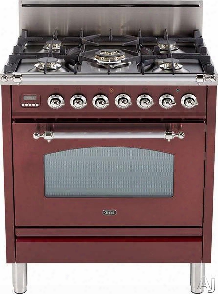 Ilve Nostalgie Collection Upn76dvggrbx 30 Inch Professional-style Gas Range With 5 Semi-sealed Burners, European Convection, Rotisserie, Flame Failure Safety Device, Heat Insulated Door And Full Width Warming Drawer: Burgundy, Chrome Trim