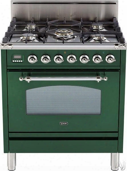 Ilve Nostalgie Collection Upn76dvggvs 30 Inch Professional-style Gas Range With 5 Semi-sealed Burners, European Convection, Rotisserie, Flame Failure Safety Device, Heat Insulated Door And Full Width Warming Drawer: Emerald Green, Brass Trim